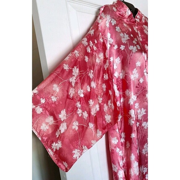 Valerie Stevens Robe Kaftan Size Medium Long Pink Floral Front Zipper Kimono - Picture 7 of 8